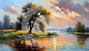 Oil painting, creative beautiful landscape over water in autumn, yellow leaves, golden autumn,