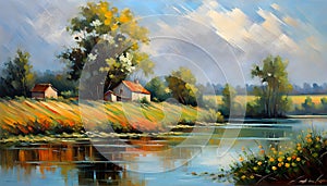 Oil painting, creative beautiful landscape over water in autumn, yellow leaves, golden autumn,