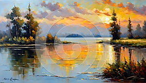 Oil painting, creative beautiful landscape over water in autumn, yellow leaves, golden autumn,