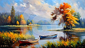 Oil painting, creative beautiful landscape over water in autumn, yellow leaves, golden autumn,