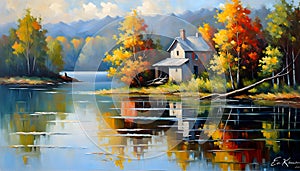 Oil painting, creative beautiful landscape over water in autumn, yellow leaves, golden autumn,