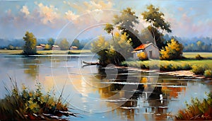 Oil painting, creative beautiful landscape over water in autumn, yellow leaves, golden autumn,