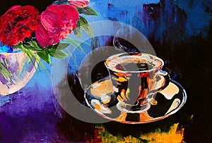 Oil painting - cup of coffee on a table near the flowers