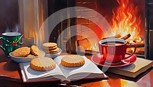 Oil painting of a cup of warm coffee and herbal tea, Christmas cookies and a favorite book, lit Christmas fireplace