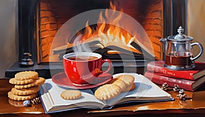 Oil painting of a cup of warm coffee and herbal tea, Christmas cookies and a favorite book, lit Christmas fireplace