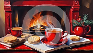 Oil painting of a cup of warm coffee and herbal tea, Christmas cookies and a favorite book, lit Christmas fireplace