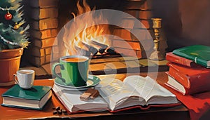 Oil painting of a cup of warm coffee and herbal tea, Christmas cookies and a favorite book, lit Christmas fireplace