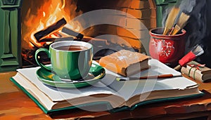 Oil painting of a cup of warm coffee and herbal tea, a favorite book, lit Christmas fireplace