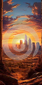 Anime-inspired Sunset Cityscape: Charlotte Skyline At Sunset Desert photo