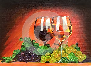Oil painting depicting a still life of red and white wine glasses and grapes
