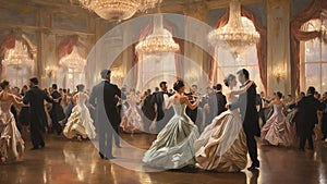Oil painting: An elegant, 19th-century ballroom scene, with couples in ornate gowns and suits waltzing gracefully across the