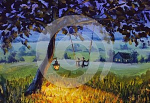 Oil painting Evening rustic landscape, a lantern hanging on a tree, a guy with a girl in love ride on a swing. Green meadows, a li