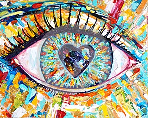 Oil painting of an eye with a pupil in the heart. Loving look.