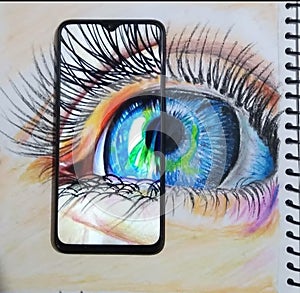 Oil painting of eye and smartphone beautiful combination