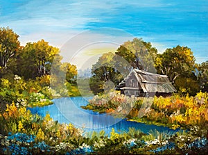 Oil Painting - Farmhouse near the river, river blue, blue sky