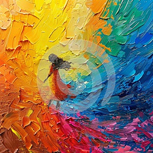 oil painting featuring rich impasto technique colors, concept of happiness through colors, a smiling happy person dreaming