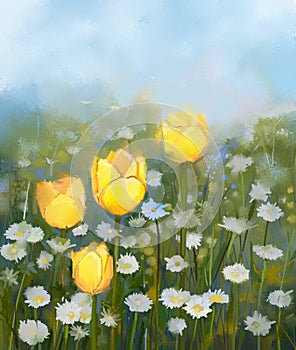 Oil painting field of yellow tulip and white daisy flowers