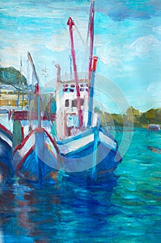 Oil painting fishing boat on canvas near the bridge.