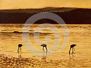 Oil Painting - flamingos at sunset, sea and mountains