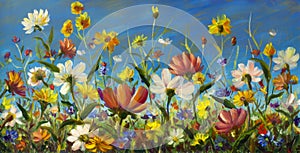 Oil painting of flowers, beautiful field flowers on canvas. Modern Impressionism.Impasto artwork.