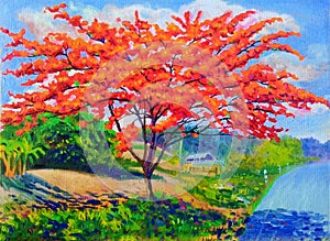 Oil painting flowers landscape original colorful of peacock flower tree