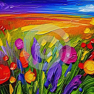 Oil painting of flowers with the meadow behind