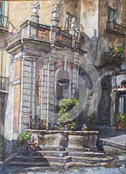 Oil painting of the fountain with fish