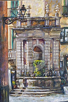 Oil painting of the fountain with fish