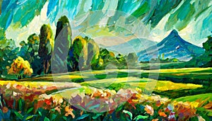 Oil painting garden or meadow in the forest landscape, mountain, trees and flowers in spring forest