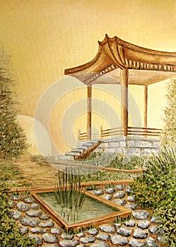 Oil painting with gazebo in Asian Japanese Garden