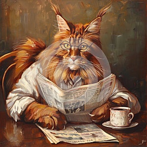oil painting of a ginger cat with glasses at a table reading the morning newspaper