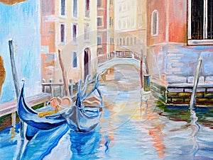 Oil painting, gondola in Venice, beautiful summer day in Italy