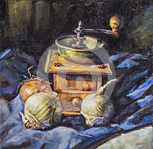 Oil painting of a grinder including garlic and onions