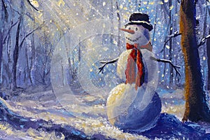 Oil painting happy snowman