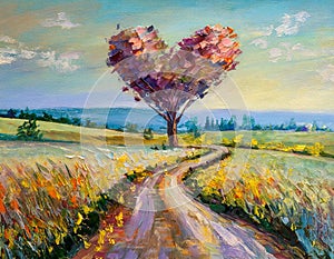Oil painting of heart shaped tree in landscape during spring for Valentines Day