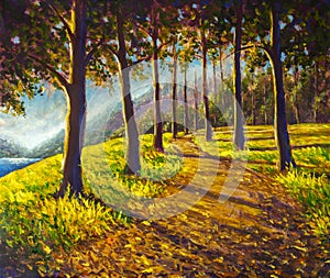 Oil painting hiking trail road in sunny forest park alley artwork