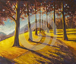 Oil painting hiking trail road in sunny forest park alley artwork