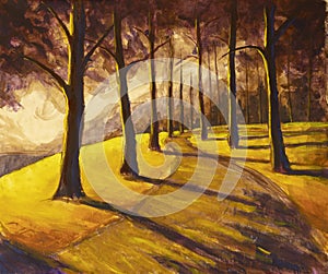 Oil painting hiking trail road in sunny forest park alley artwork