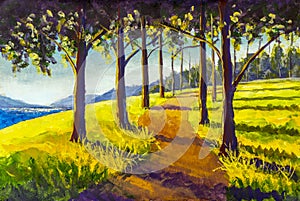 Oil painting hiking trail road in sunny forest park alley artwork