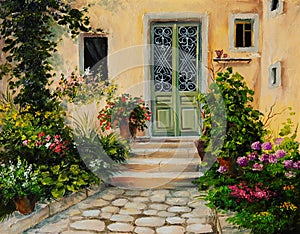 Oil painting - house with patio