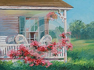 Oil painting - house with patio, art work