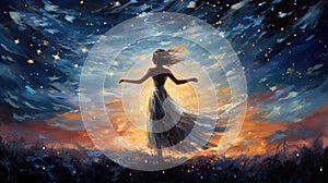 an oil painting impressionist styled artwork of a woman with a dress at night, sky full of stars