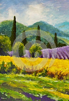 Art creative process. Artist create painting Italian summer countryside. Tuscany. Field of red poppies, a field of yellow rye. Rur