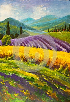 Levanduľa purpurová maľovanie. taliančina leto vidiek. francúzština. z raž. vidiecky domy a vysoký cypriš 
