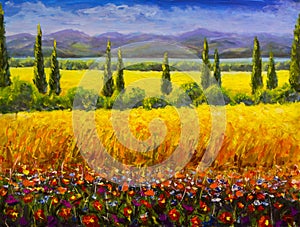 Oil painting Italian summer tuscany landscape, green cypresses bushes, yellow field, red flowers, mountains and blue sky artwork o