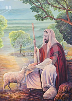 Oil painting of Jesus as the good shepherd