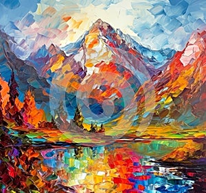 An oil painting of a lake and colorfully vibrant trees