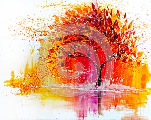 Oil painting landscape, abstract colorful gold tree