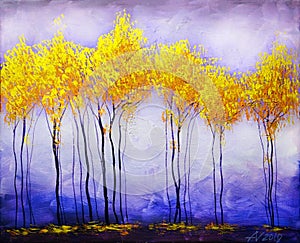 Oil painting landscape, abstract colorful gold trees