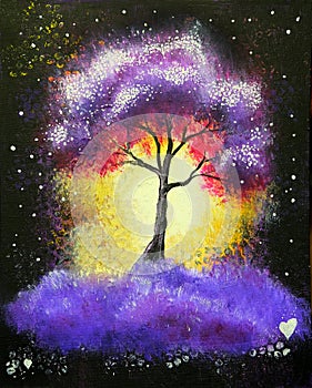 Oil painting landscape, abstract colorful purple tree